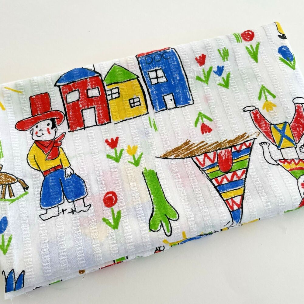 Vtg Cowboy Seersucker Plisse Fabric Cotton Blend Novelty Teepee Kid Boy 3/4yd